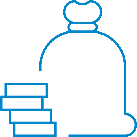 Blue illustration outline of a money bag and a stack of coins